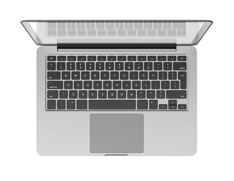 Open silver laptop top view with visible keyboard and trackpad, isolated graphic style on white background. Concept of workspace or tech device. 3D Rendering