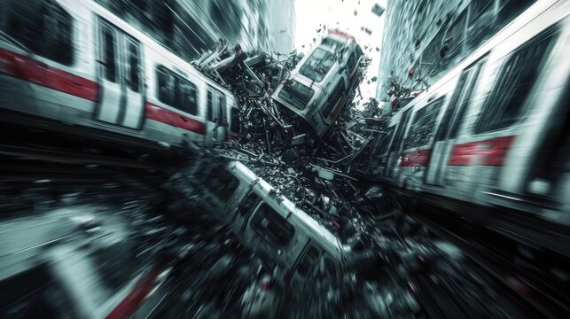 Urban Chaos: A train crash amidst city buildings