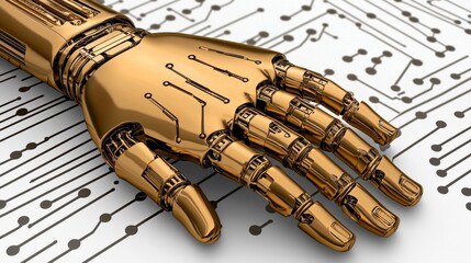 Naklejka premium Golden Robotic Hand on Circuit Board Detailed Close Up