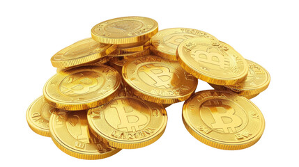 Digital Gold Pile: An array of golden bitcoin coins, each meticulously engraved with the distinctive "B" symbol, piled together, symbolizing the world of digital finance.