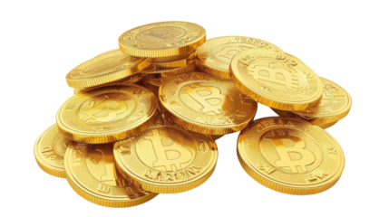Digital Gold Pile: An array of golden bitcoin coins, each meticulously engraved with the distinctive "B" symbol, piled together, symbolizing the world of digital finance.
