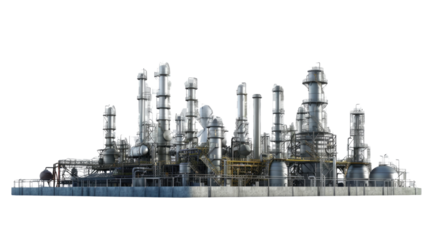 Industrial Complex Amidst Sky: A detailed illustration showcasing a sprawling industrial complex, with an array of towering structures, pipes, and machinery set against a serene backdrop.