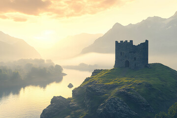 Obraz premium Misty Medieval Castle on a Hill, A Tranquil Landscape with Towering Mountains