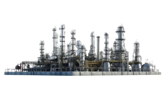 Industrial Complex Amidst Sky: A detailed illustration showcasing a sprawling industrial complex, with an array of towering structures, pipes, and machinery set against a serene backdrop.