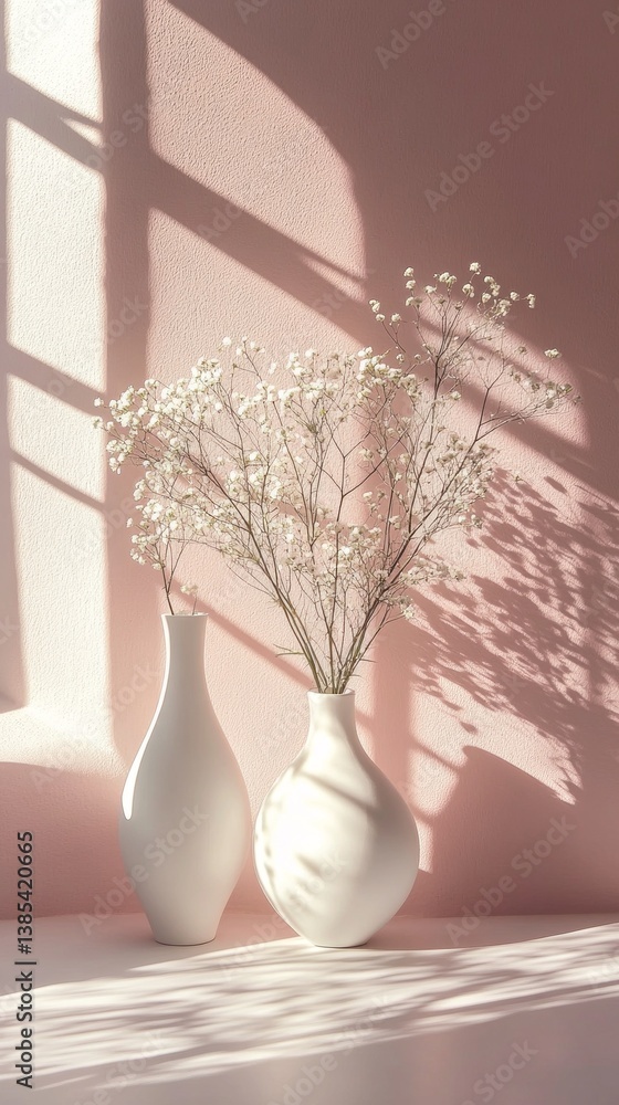 Poster soft sunlight filters through a window, illuminating two elegant white vases holding fragile flowers