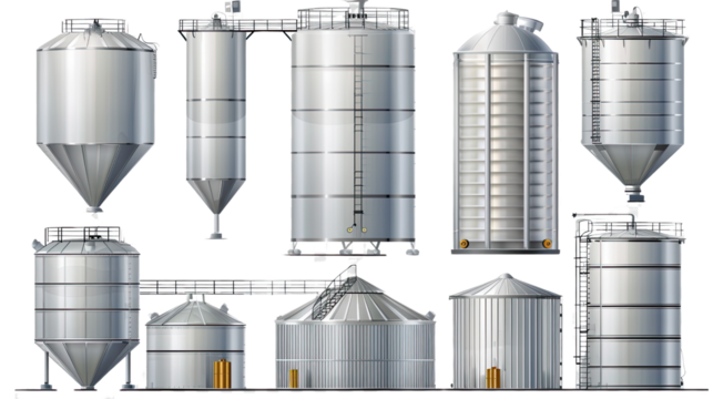 Industrial Silos: A captivating display of industrial silos, presented in a precise photorealistic style. These steel giants, with their varying designs and functional architecture.