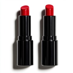 Obraz premium Elegant red lipstick tubes on white background, ideal for beauty, fashion, Valentine's Day, glamorous cosmetic design concepts