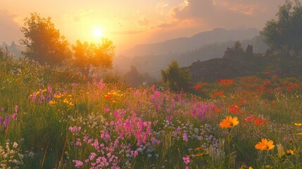The sun rises with a warm atmosphere in fields full of colorful flowers