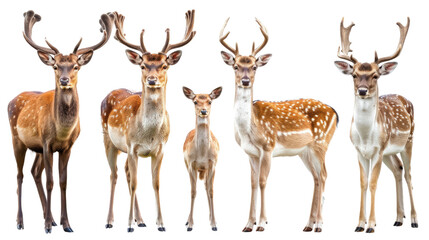 Naklejka premium Majestic Deer Collection: A captivating group of majestic deer, showcasing varied antler formations and coats, elegantly poised, embodying the essence of the wilderness.