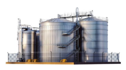 Industrial Storage Tanks: A striking visual of metallic silos and industrial storage tanks, set against a pristine backdrop.