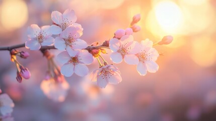 Spring Cherry Blossoms at Sunrise, Soft Focus, Natural Beauty