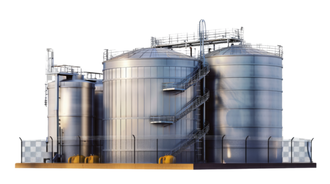 Industrial Storage Tanks: A striking visual of metallic silos and industrial storage tanks, set against a pristine backdrop.
