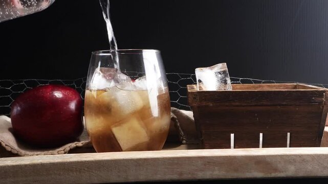 Making the Bess Knees Cocktail with gin, honey, club soda, lemon juice and lots of ice.  A delicious adult beverage for hot summer days.  Mixing up cocktails at a party.