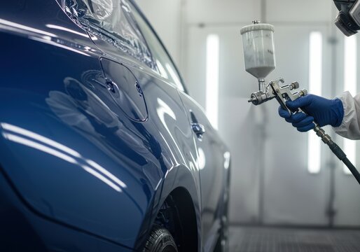 Car being spray painted in a professional auto body shop with attention to detail