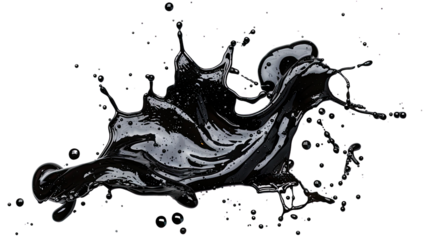 Black Splash in Motion: A dynamic capture of a black liquid splash, frozen in time, showcasing the raw energy and fluidity of the element, ideal for conveying action, force, or artistic expression.