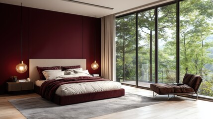 interior design, contemporary minimalist bedroom with a burgundy accent wall, neutral bedding, and natural light from a large window