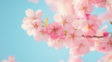 Obraz premium Pink Cherry Blossoms Against a Pale Blue Sky