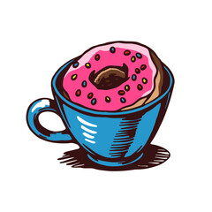 donut in a coffee cup cartoon drawing, coffee break illustration
