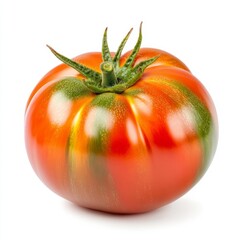 Juicy heirloom tomato on white background, vibrant organic produce, summer harvest, farm-to-table freshness concept, vegetarian cuisine
