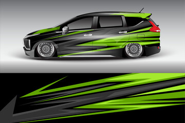 Obraz premium Stylishly customized car featuring vibrant green and black graphics, set against a sleek gradient background
