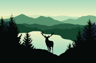 Landscape with green mountains, forest, lake and silhouettes of trees and wild deer - vector illustration	
