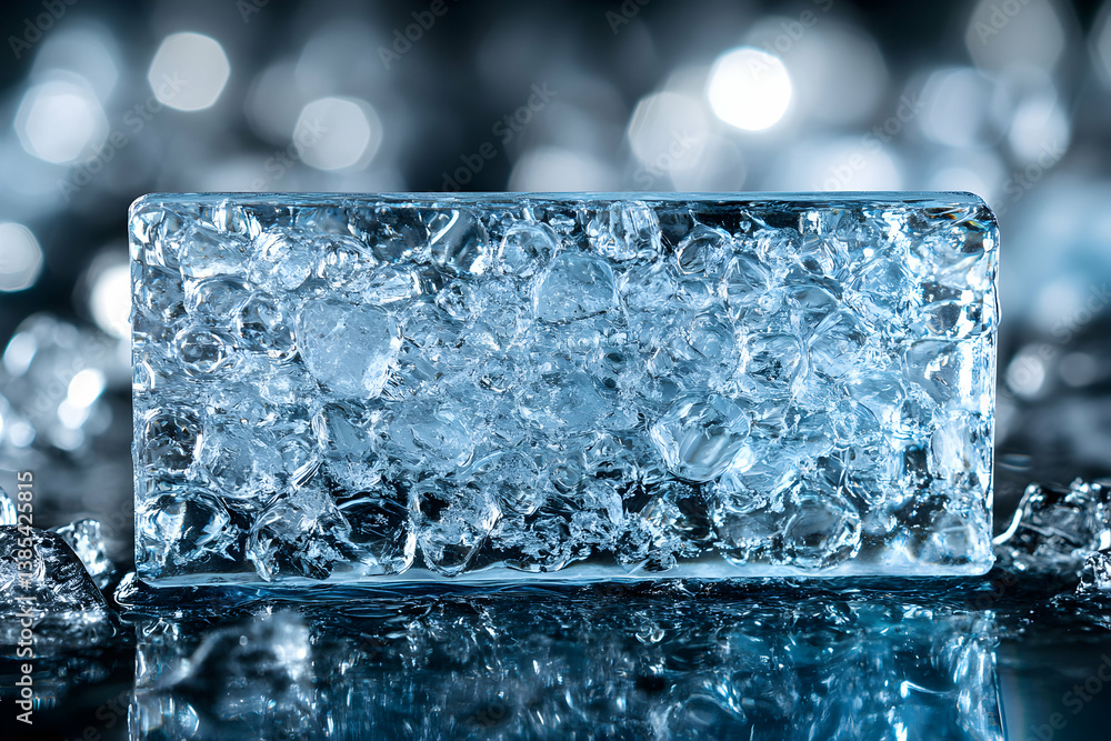 Poster captivating block of ice reveals cool textures with a dreamy bokeh background