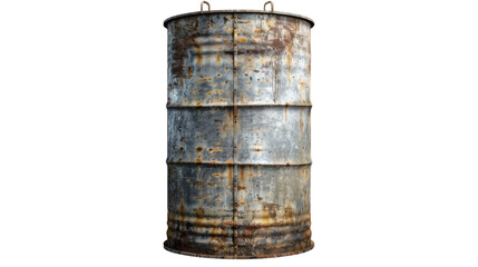 Fototapeta premium Rusty Barrel in Time: A weathered, old metal barrel, bearing the marks of time and industrial usage, hangs suspended, showcasing texture and history.