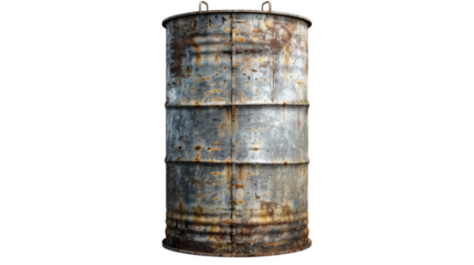 Rusty Barrel in Time: A weathered, old metal barrel, bearing the marks of time and industrial usage, hangs suspended, showcasing texture and history.