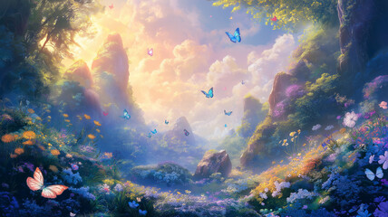 Fototapeta premium ファンタジーゲームをイメージした幻想的なグラフィック、壁紙。絵本のような温かい世界観で感動を伝える。美しい自然に溢れたイラスト。