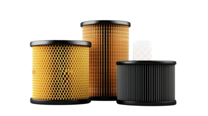 Air filter close-up: A series of air filters presented in a studio shot, emphasizing a focus on texture, geometric patterns, and mechanical functionality.