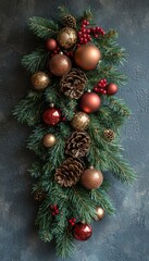 Elegant Christmas Decoration: A Festive Garland of Pine, Ornaments, and Pinecones