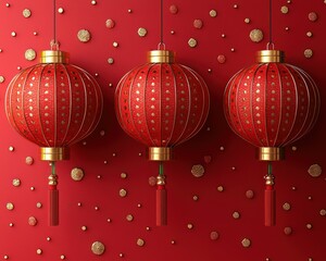 Three Red Chinese Lanterns Hanging Against a Red Background with Gold Dots