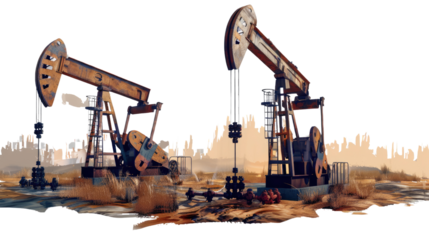 Industrial Rhythms: Capturing the raw power and relentless efficiency of oil extraction, this image shows two oil pump jacks diligently working the earth.