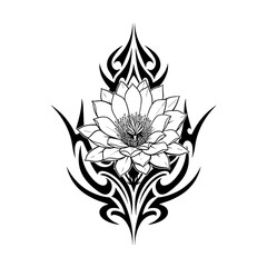 Black and White Lotus Flower Illustration with Tribal Design  