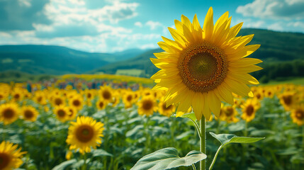 Obraz premium Sunflower Focus with Spiritual Gathering in Vibrant Sunlit Field Celebration