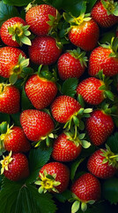 Vibrant Close-Up of Fresh Strawberries with Lush Green Leaves for Healthy Eating Concepts