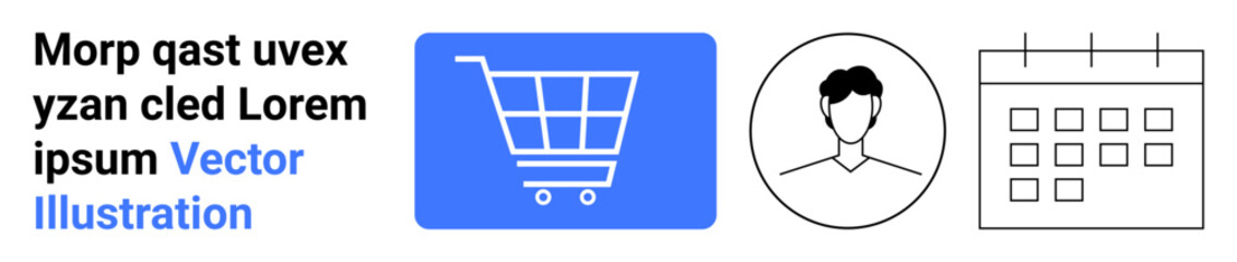 Blue shopping cart, user profile, and calendar icons represent e-commerce, user management, scheduling, planning, productivity, website design and digital applications. Ideal for a simple landing