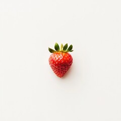 A single strawberry in close-up, isolated on a white background. Featuring bright red skin and tiny seeds