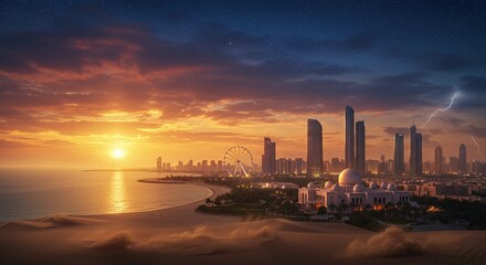 Fototapeta premium Stunning skyline of Abu Dhabi at sunset with dramatic sky and lightning