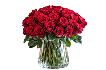 Fototapeta premium A bouquet of red roses arranged elegantly in a glass vase on a table. The petals of the roses are vivid and rich in color, with a soft, blurred background of a cozy living room setting.