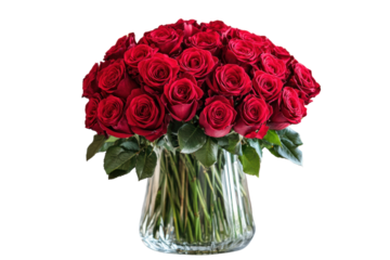 A bouquet of red roses arranged elegantly in a glass vase on a table. The petals of the roses are vivid and rich in color, with a soft, blurred background of a cozy living room setting.