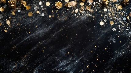 A dark celebration background with silver and gold confetti and glittery sparkles