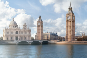 Naklejka premium Famous Big Ben clock tower in London, UK under clear sky, iconic British landmark and historical symbol 