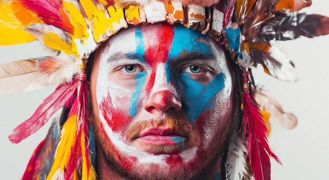 Retrato em close-up de um homem com um colorido cocar ind&iacute;gena e pintura facial.
