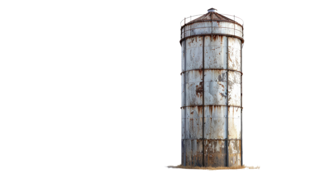 Weathered Silo: A weathered, industrial silo stands tall against the sky, its aged metal hinting at a history of harvest and the passage of time. 