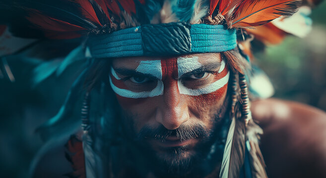 Retrato em close-up de um homem com um colorido cocar ind&iacute;gena e pintura facial.
