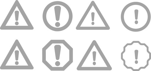 Hazard symbol in black and white color with exclamation symbol in different shapes stroke style. Caution symbols set with exclamation mark in various shapes. Danger warning icon set.
