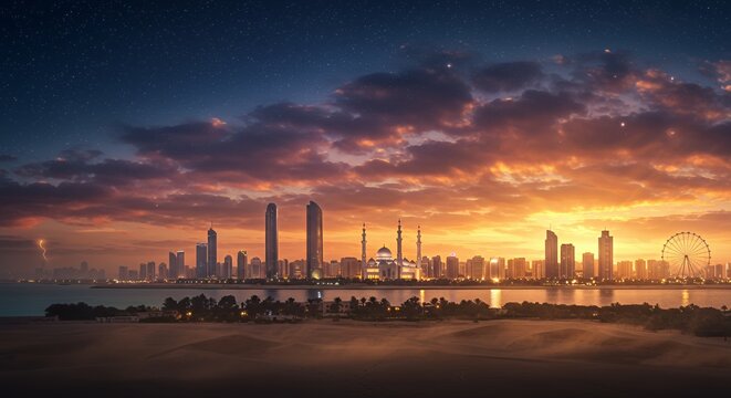 Abu Dhabi skyline at sunset with dramatic clouds and starry sky view