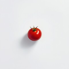 A single tomato in close-up, isolated on a white background. Featuring smooth skin and bright color