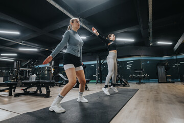 Two women engaged in physical exercise on mats inside a gym setting, emphasizing fitness, teamwork,...